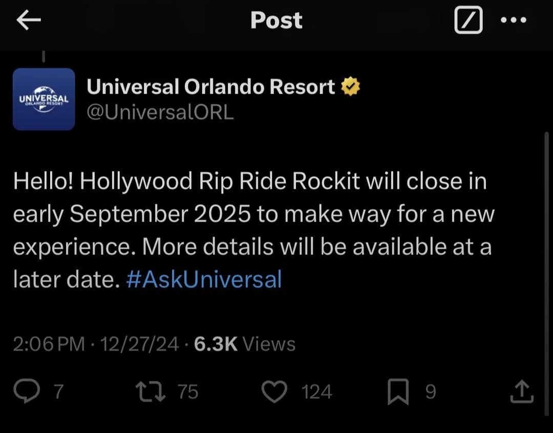 Universal Studios Coaster Hollywood Rip Ride Rockit Closing September 2025