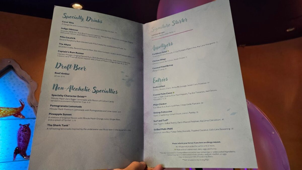 Walt Disney World Epcot Dining Menu Coral Reef Lunch  Dinner 2025