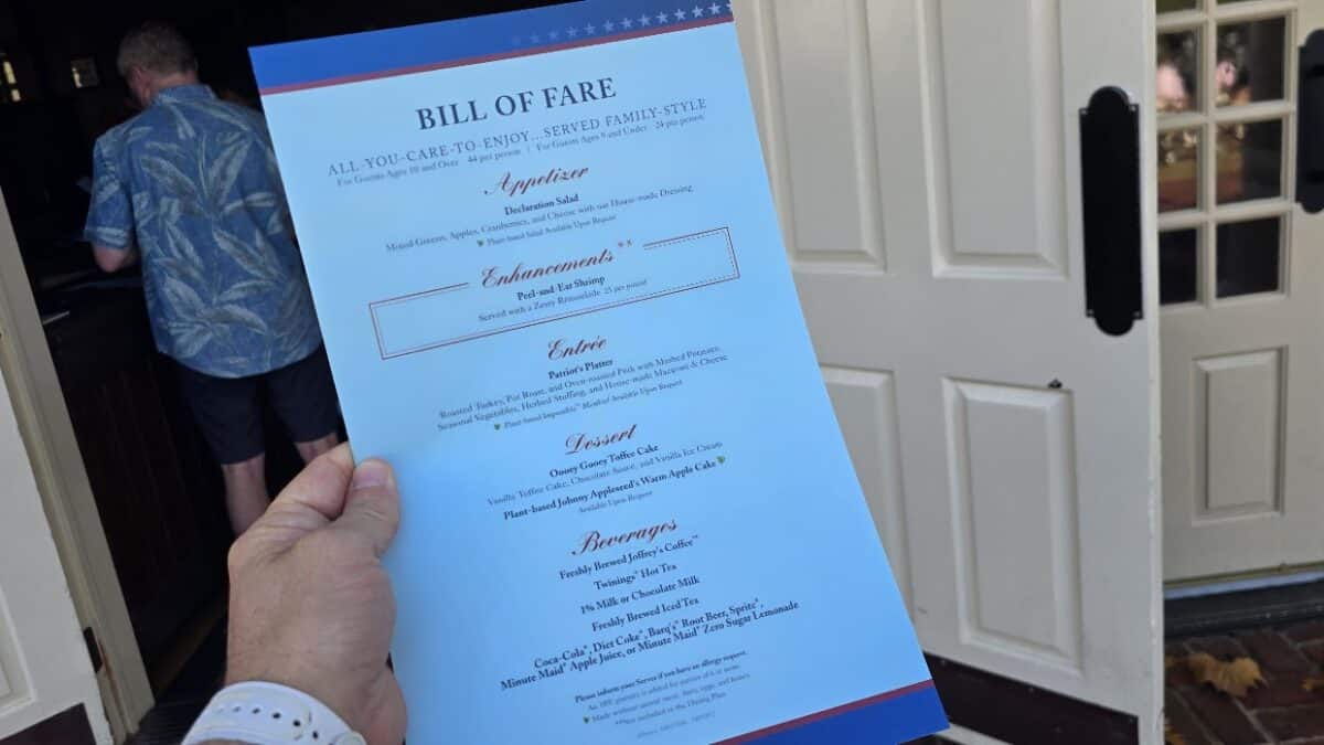 Walt Disney World Magic Kingdom Dining Menu Liberty Tree Tavern Lunch  Dinner 2025 