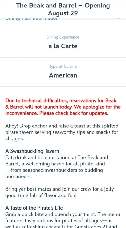 The Beak and Barrel Reservation Shipwreck Reservations Not Setting Sail Today