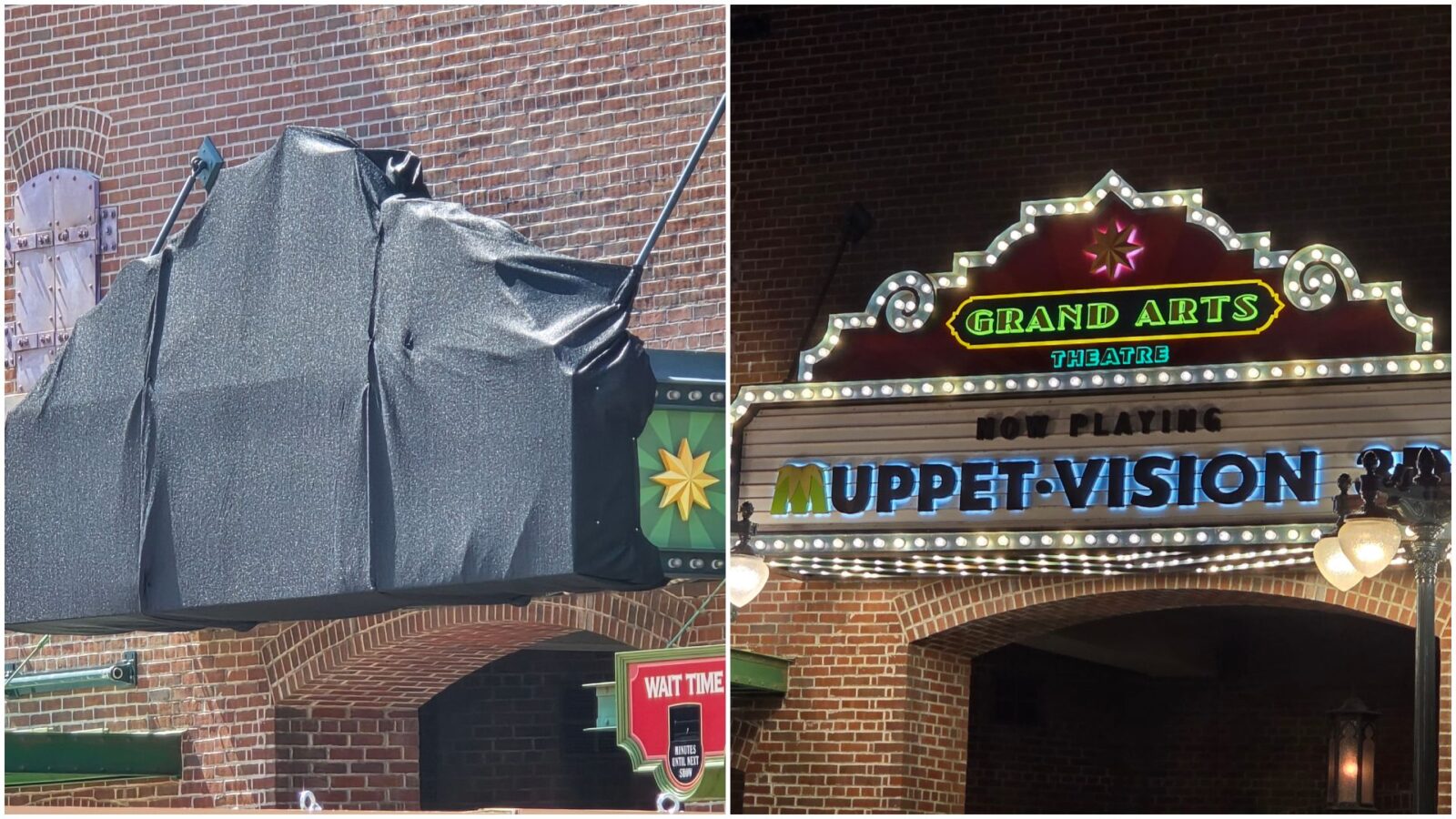 Grand Arts Theater MuppetVision 3D Marquee Covered and Gonzo Removed from Clock Tower