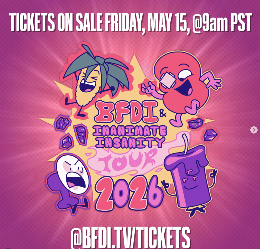 Promotional poster for the BFDI Inanimate Insanity Tour 2026 with playful cartoon characters and bold sale text at the top and bottom