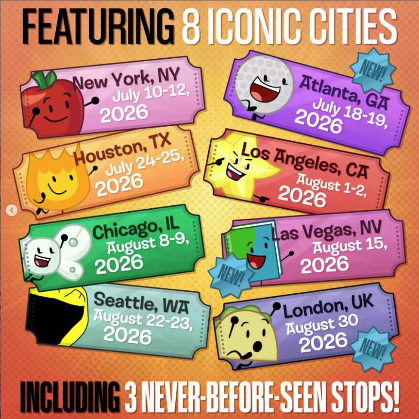 Colorful poster style collage listing eight cities and dates New York NY  July 1012 2026 Atlanta GA  July 1819 2026 Houston TX  July 2425 2026 Los Angeles CA  August 12 2026 Chicago IL  August 89 2026 Las Vegas NV  August 15 2026 Seattle WA  August 2223 2026 London UK  August 30 2026 Includes NEW badges on several tickets and a bold caption at top about 8 iconic cities and a bottom caption about 3 never before seen stops