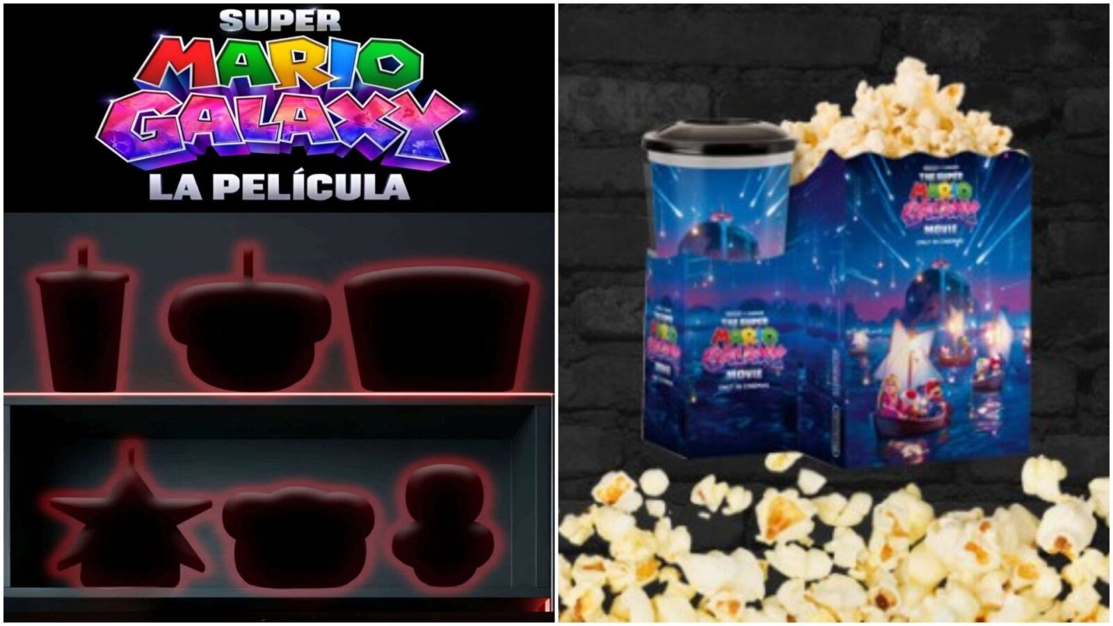 Silhouettes of Super Mario Galaxy movie popcorn buckets including Lakitu and Yoshi