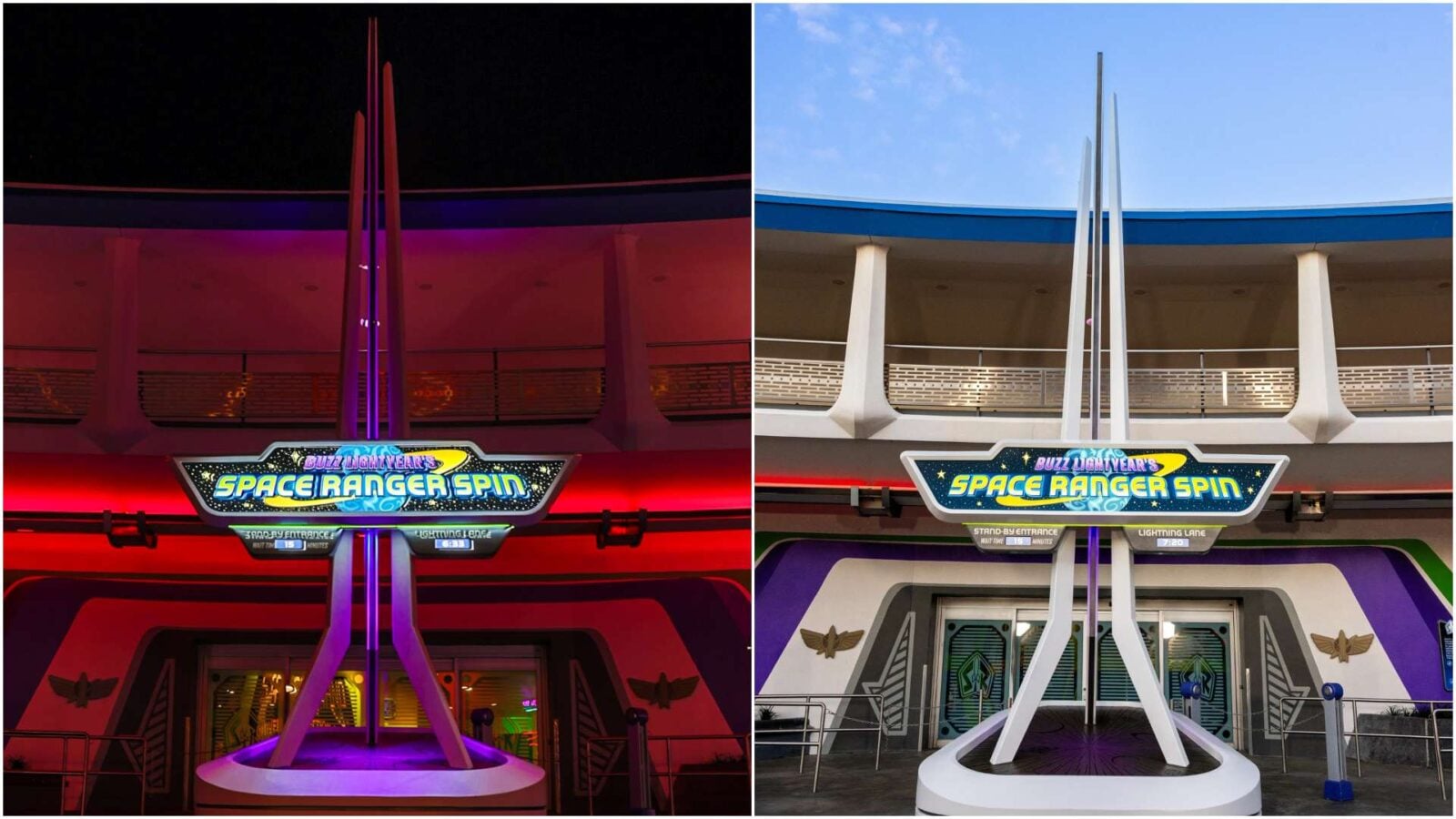 Buzz Lightyear Space Ranger Spin Marquee Night and Day Fantasy Land News Buzz Lightyear Space Ranger Spin Magic Kingdom Marquee night and daytime
