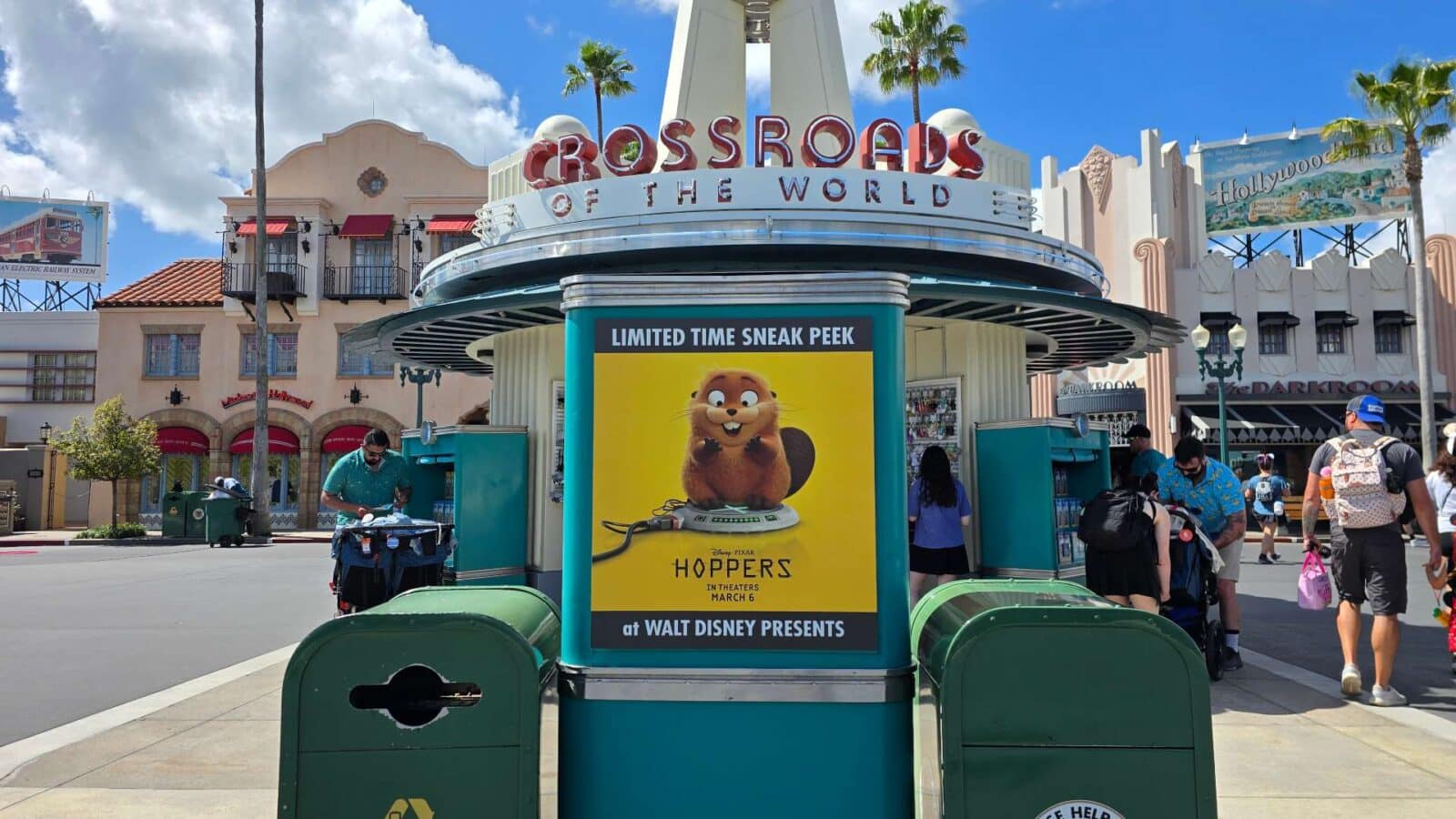 Hoppers signage is already up across Hollywood Studios, including this poster at the iconic Crossroads of the World.