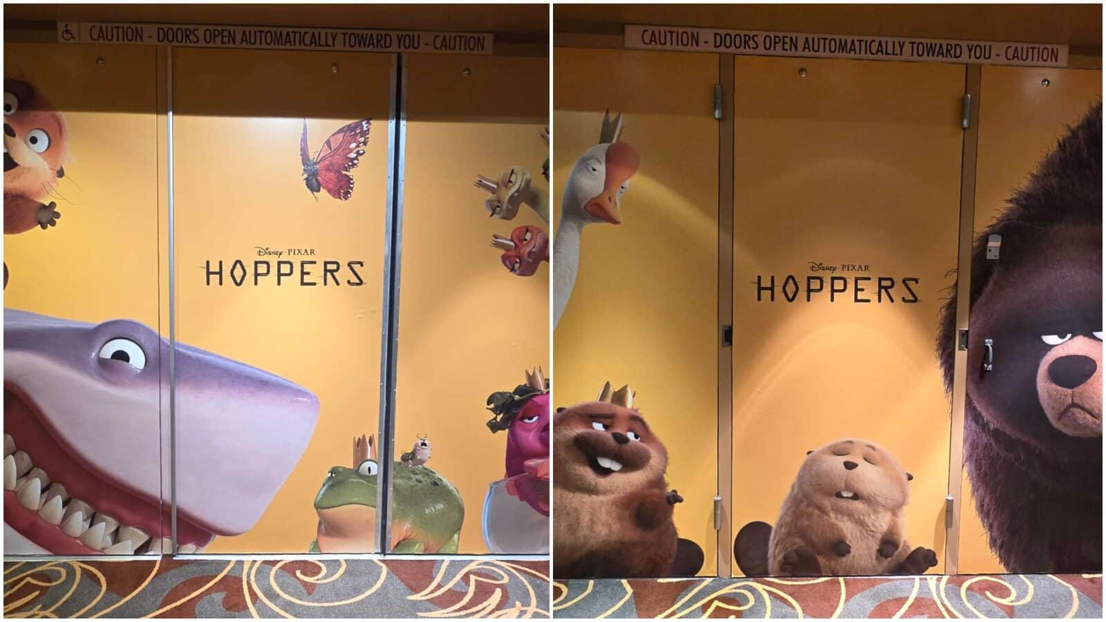 The theater entrance doors at Walt Disney Presents are fully wrapped in Hoppers character art