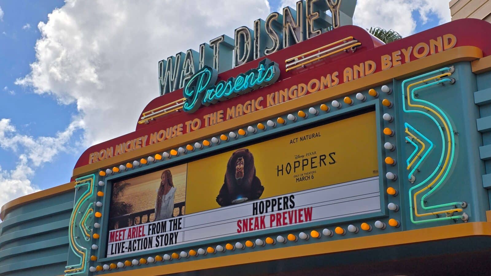 The Walt Disney Presents marquee promotes Hoppers