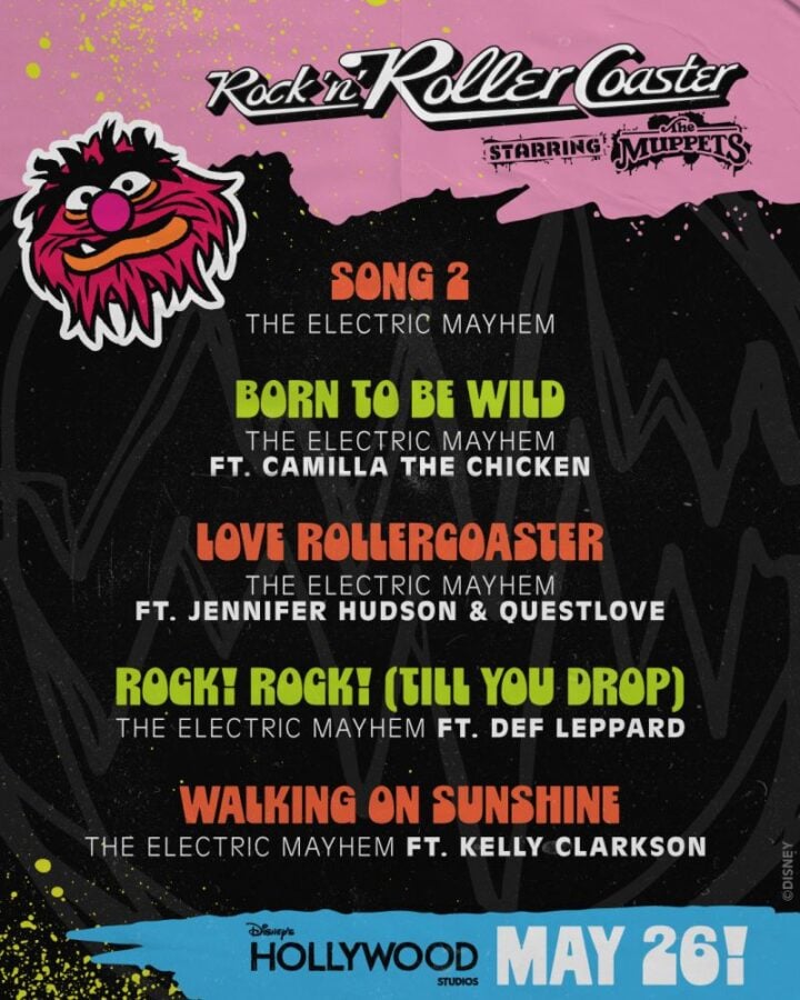 1776343026350 Fantasy Land News Promotional poster for Rock n Roller Coaster featuring The Muppets showing the song lineup and May 26 banner