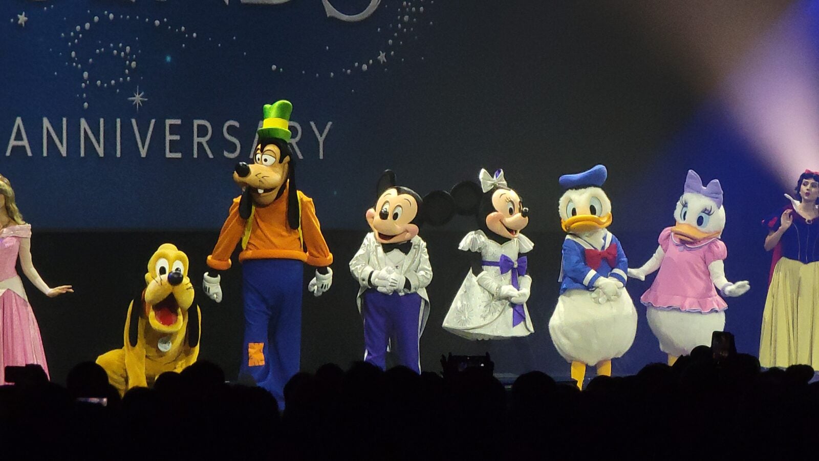 Disney characters on a stage with Pluto Mickey Minnie Daisy Donald and Goofy during an anniversary celebration backdrop reading ANNIVERSARY