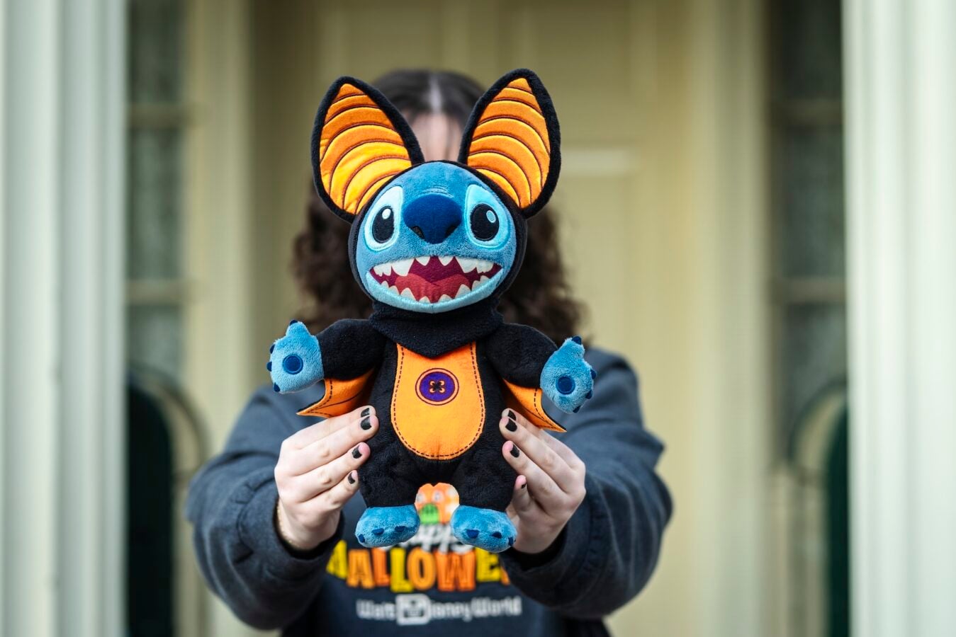 Person holds up a blue plush Halloween monster with orange striped ears toward the camera wearing a dark sweatshirt