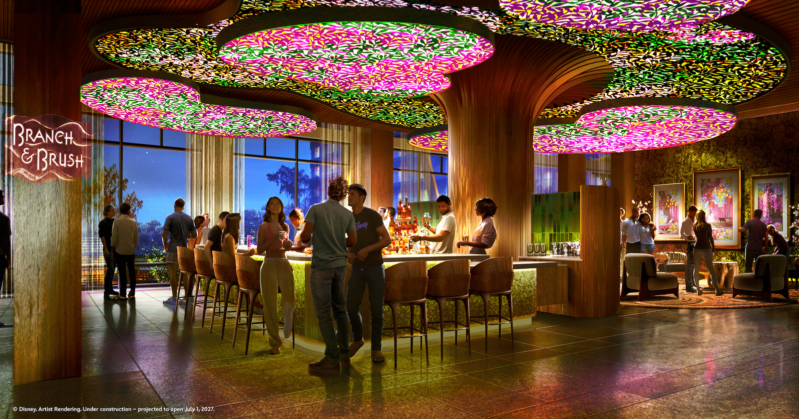 Lively hotel bar interior with a long counter wooden columns and colorful circular ceiling lights guests mingle and chat by the bar