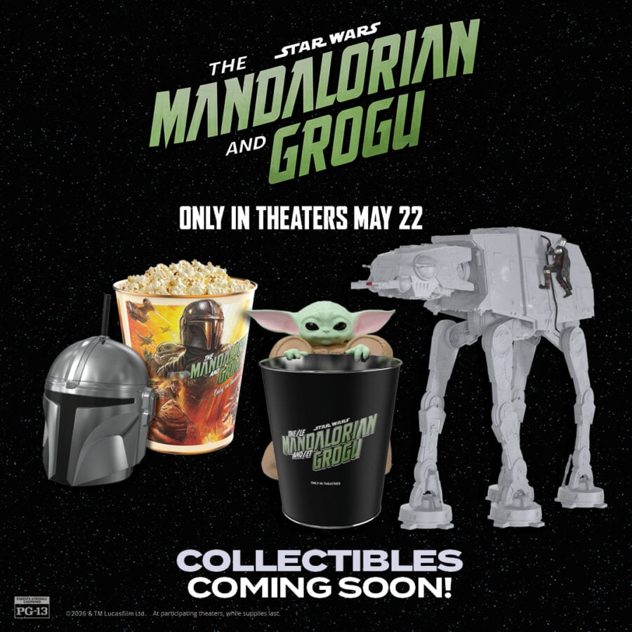Promotional poster for The Mandalorian and Grogu with a popcorn tub Grogu in a black cup an AT AT model and text about collectibles coming soon