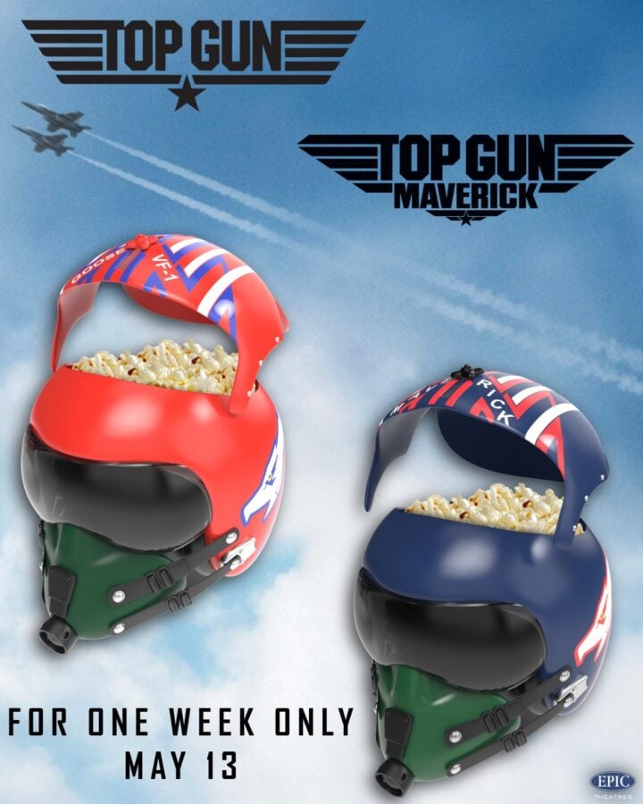 Promotional Top Gun Maverick poster with two stylized helmets filled with popcorn against a blue sky hints at limited run May 13