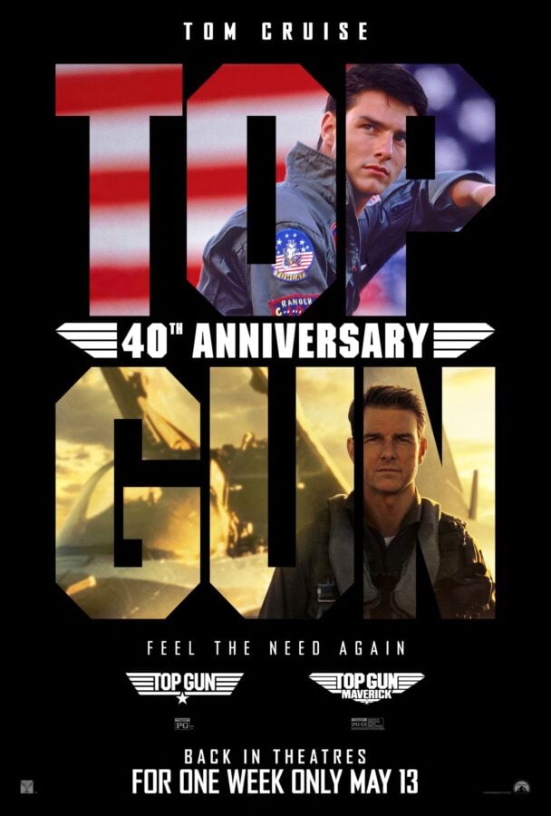 Poster for Top Gun Maverick 40th Anniversary bold black background with large cut out numbers and a fighter pilot in a jacket plus Back in Theatres text and May 13 still visible