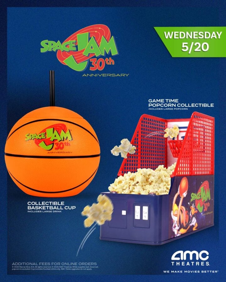 Promotional Space Jam 30th anniversary poster with basketball popcorn cart and AMC signage for Wednesday 520