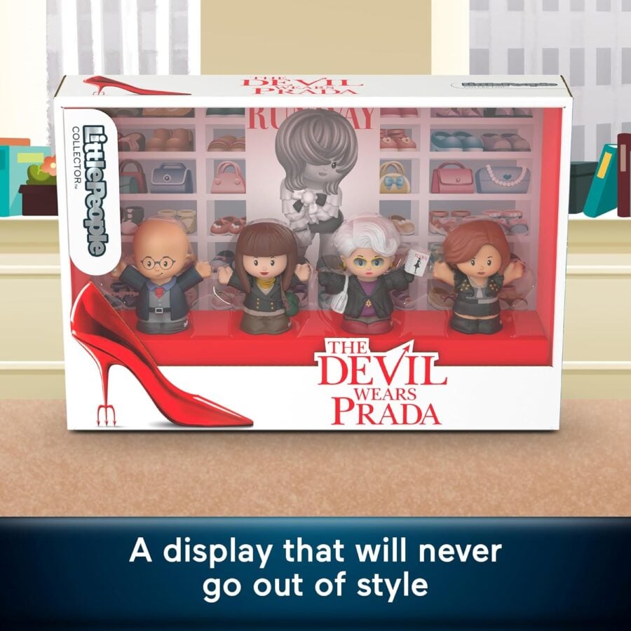 Boxed Littlest Pet Shop dolls titled The Devil Wears Prada four figures posed in front of a shoe themed display