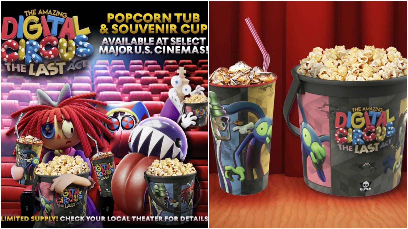 Amazing Digital Circus Popcorn Bucket Revealed for June 2026 Theater Run Fantasy Land News Two panel promotional image for The Amazing Digital Circus The Last Act left shows colorful characters in an empty theater with popcorn cups right shows branded popcorn tubs on a red stage backdrop