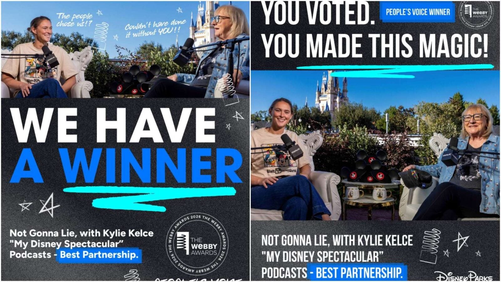 Promotional image for the Not Gonna Lie podcast with Kylie Kelce two women recording outdoors near a castle backdrop bold text elements appear in the design