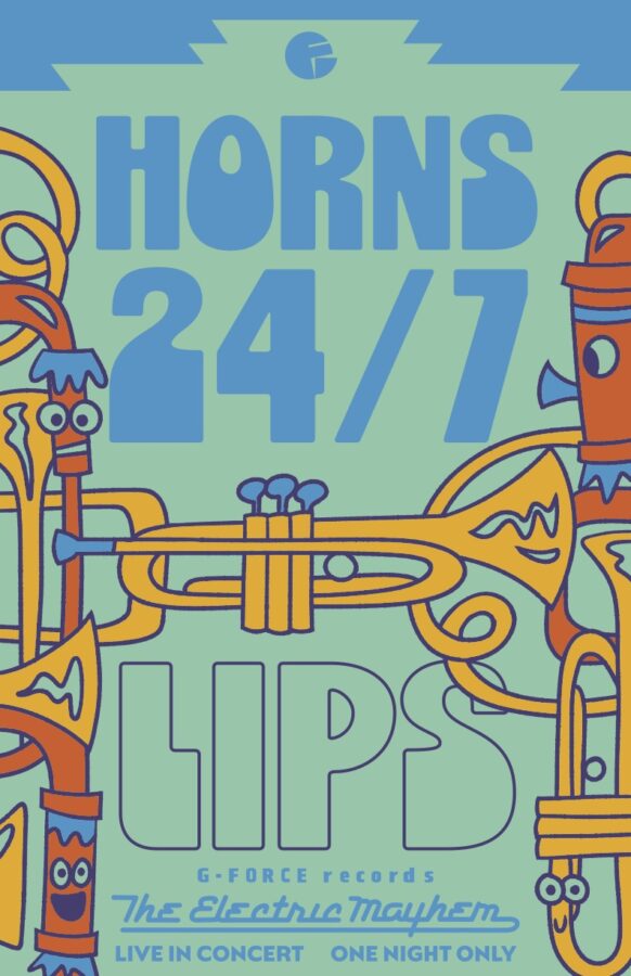 ExteriorQueueTBDSizeFORK0C03ConcertWheatpasteLips Fantasy Land News Colorful concert poster for Lips by The Electric Mayhem featuring horn illustrations and the text HORNS 247 and Live in Concert