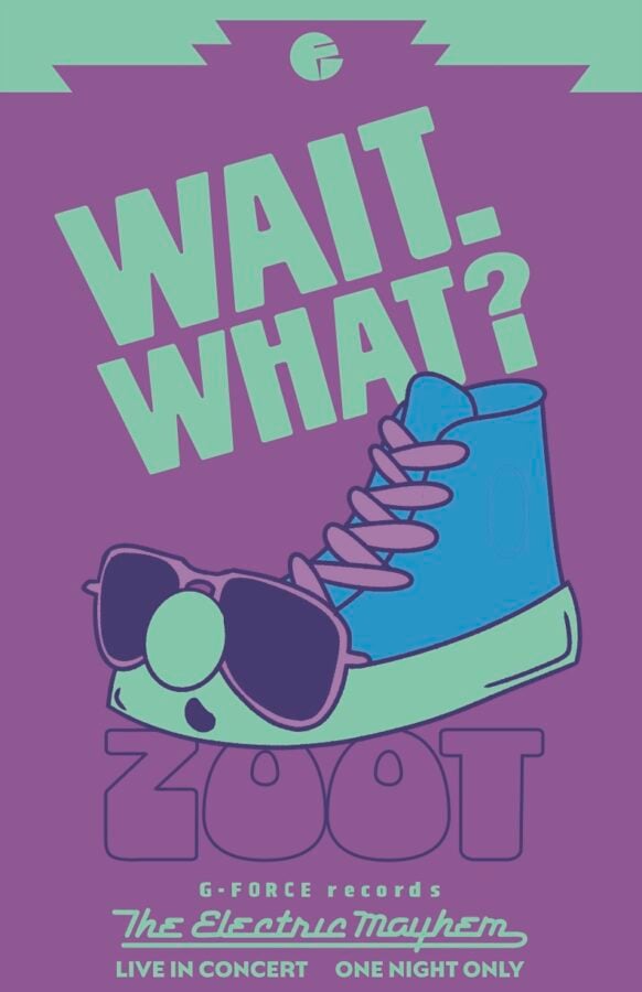 ExteriorQueueTBDSizeFORK0C06ConcertWheatpasteZootB Fantasy Land News Colorful concert poster with a blue high top sneaker wearing sunglasses and the bold text WAIT WHAT promoting The Electric Mayhem live in concert at G Force Records