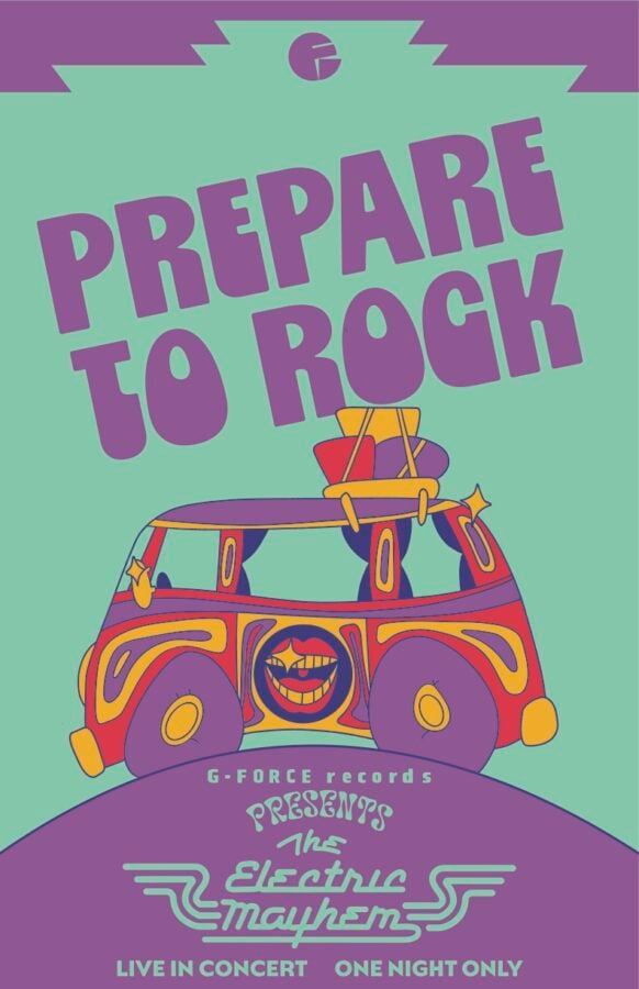 ExteriorQueueTBDSizeFORK0C08ConcertWheatpastePrepareB Fantasy Land News Poster advertising a live concert Prepare to Rock by The Electric Mayhem with a colorful retro van illustration