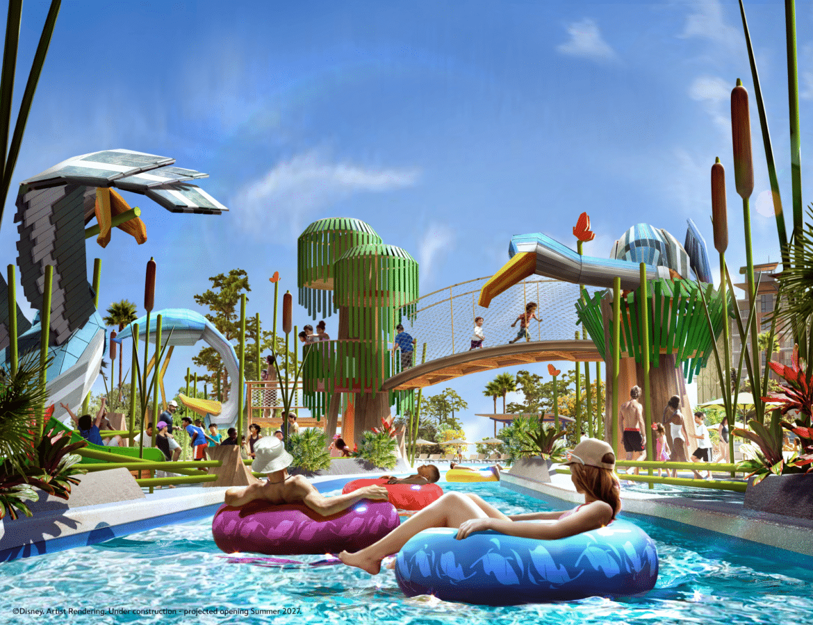 Bright futuristic water park scene with people tubing along a winding pool surrounded by tall green plants and colorful slides under a blue sky