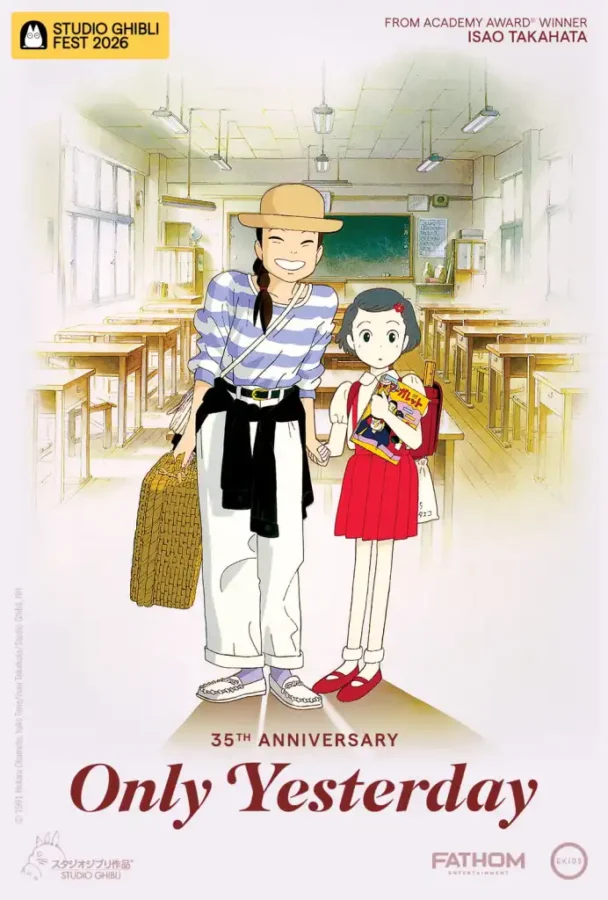 Poster for Only Yesterday two girls in a classroom one adult woman in hat and striped shirt holding a basket and a schoolgirl in red with other classroom desks in background