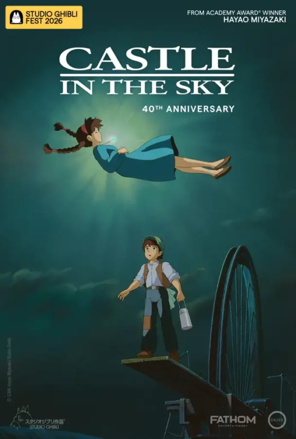 Castle in the Sky 40th Anniversary poster with Sheeta flying above Pazu set against a teal sky Studio Ghibli Fest 2026 logo in corner