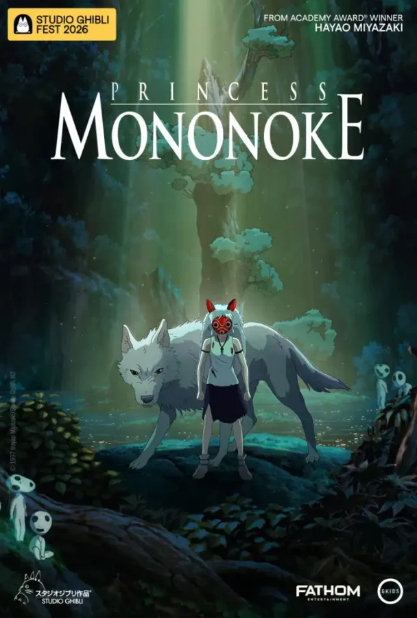 Poster for Princess Mononoke featuring a girl in a red mask standing with a gray wolf in a moonlit forest