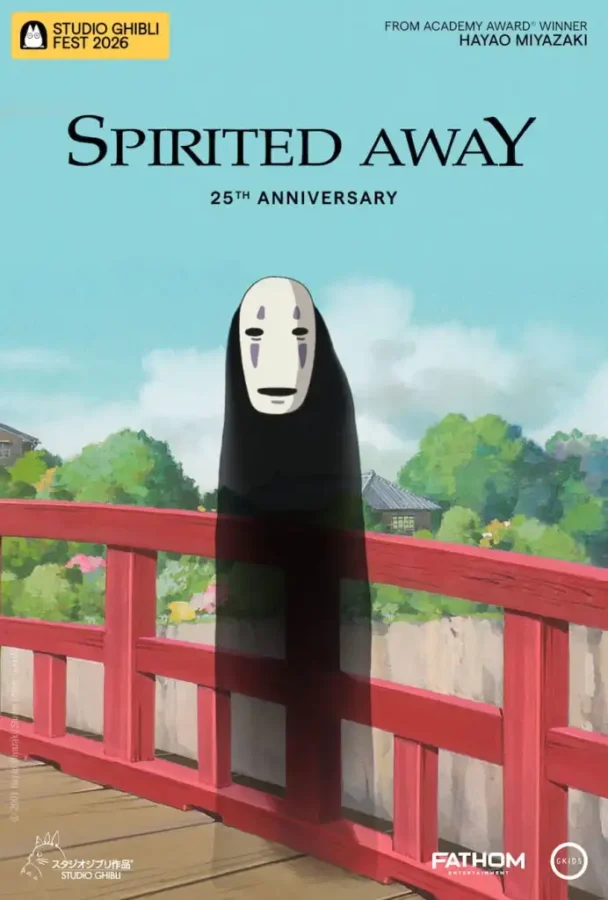 Spirited Away 25th anniversary poster featuring No Face standing on a red bridge against a blue sky