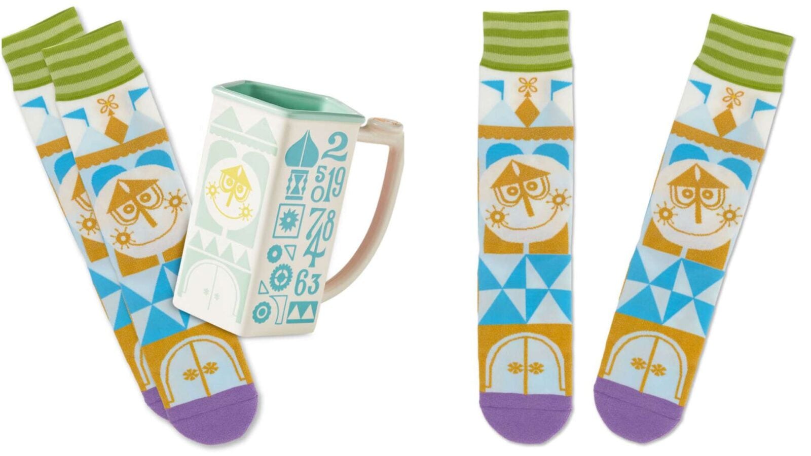 Tall novelty socks with lime green cuffs and blueorange geometric patterns arranged around a turquoise trimmed mug with abstract designs