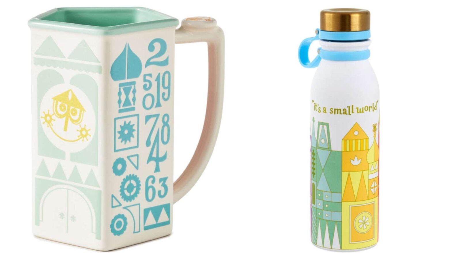 Two colorful drink containers a tall ceramic mug on the left with teal mint patterns and a white insulated bottle on the right with a bright