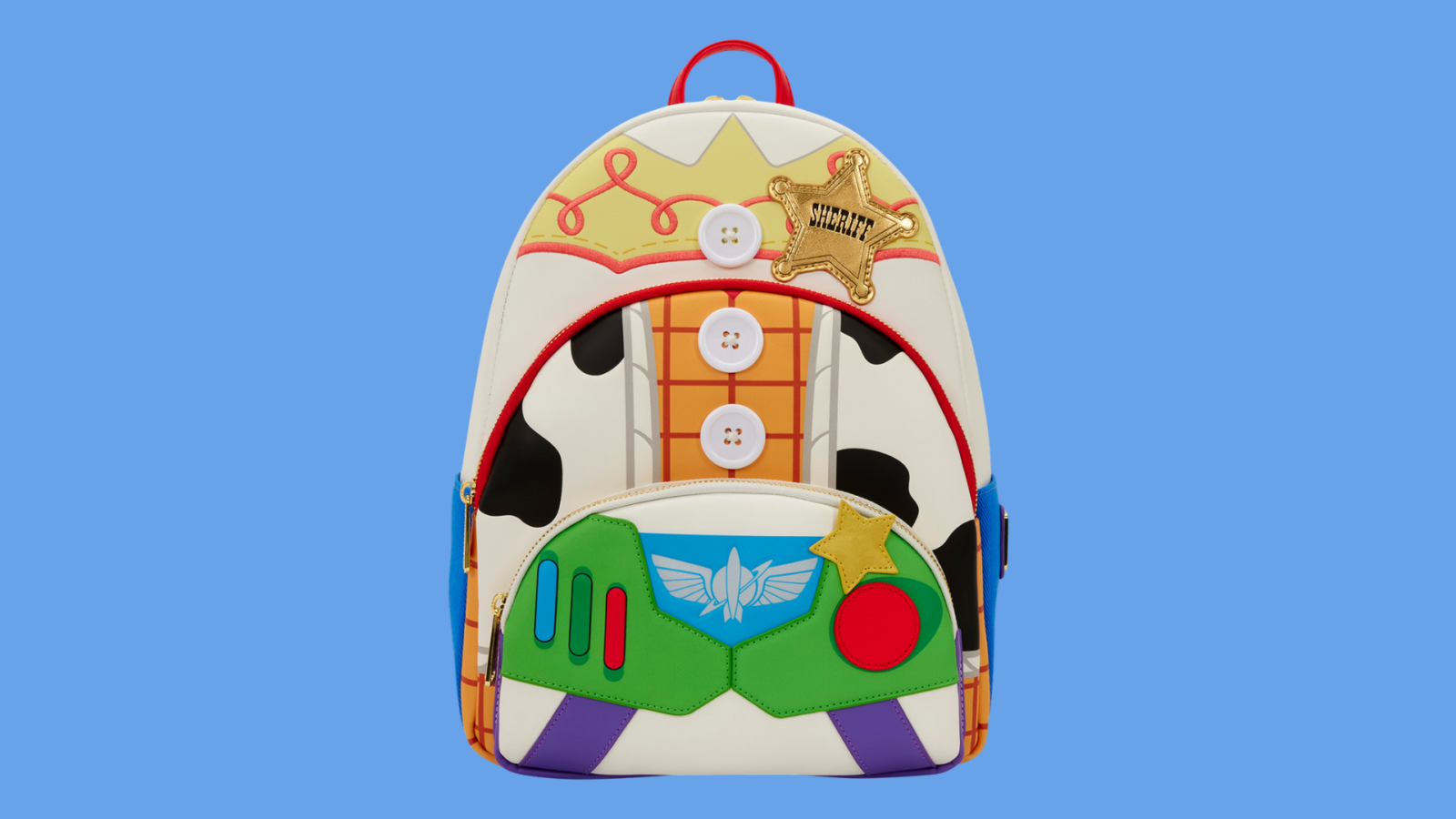 Colorful toy inspired backpack with a sheriff badge cow print panels and button accents on a cream background against a blue backdrop