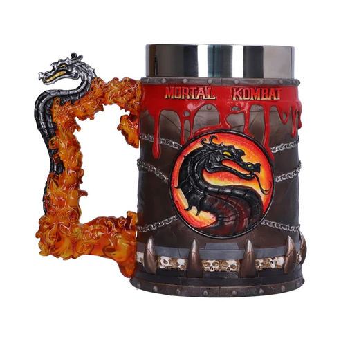 Mortal Kombat themed mug with a fiery orange dragon shaped handle and a red black body featuring the MK dragon logo and dripping details