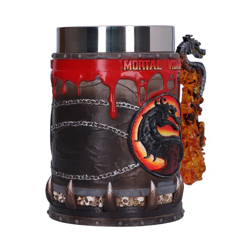 Mortal Kombat themed drinking mug with a dragon emblem red dripping design chains and spiked base against a fiery background