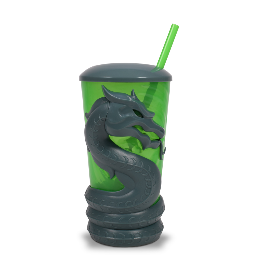 Green plastic tumbler with a raised gray dragon coiled around the body and a matching gray lid with a lime straw visible in the top corner