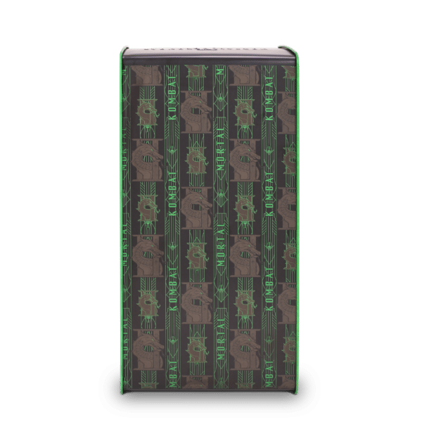 Tall rectangular suitcase with dark patterned cover and bright neon green edges standing upright on a subtle shadowed surface