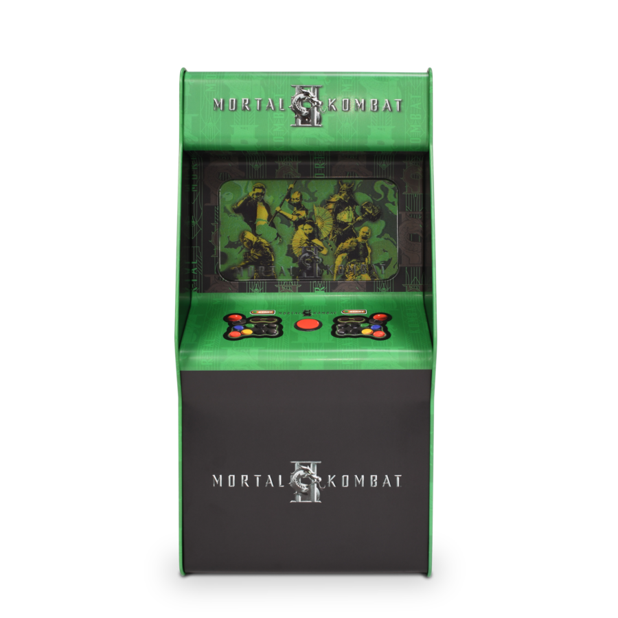 Green arcade style Mortal Kombat mini cabinet with a screen showing fighters and two control panels brand logo on top and bottom