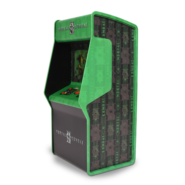 Green Mortal Kombat arcade cabinet with side panel graphics and control deck angled from the side view