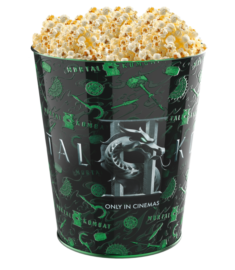Popcorn bucket with a black and green Mortal Kombat design and a glowing dragon logo Only in cinemas text visible