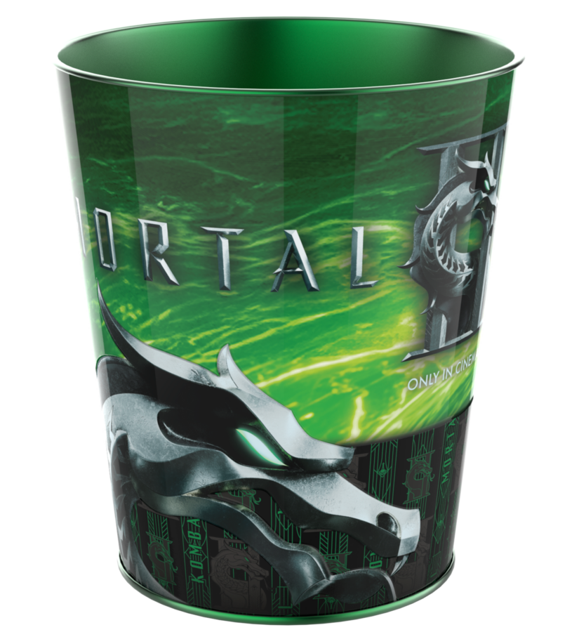 Green fantasy themed souvenir cup with a silver dragon head design bold metallic lettering against a green aurora background and the text ONLY IN CINEMAS visible