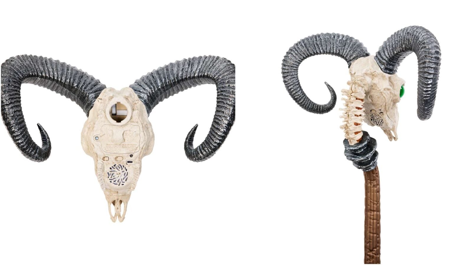Mattel Releases LifeSize Masters of the Universe Havoc Staff With Lights and Smoke 1 Fantasy Land News Decorative staff featuring a beige ram skull with oversized curled horns mounted on a brown wooden shaft