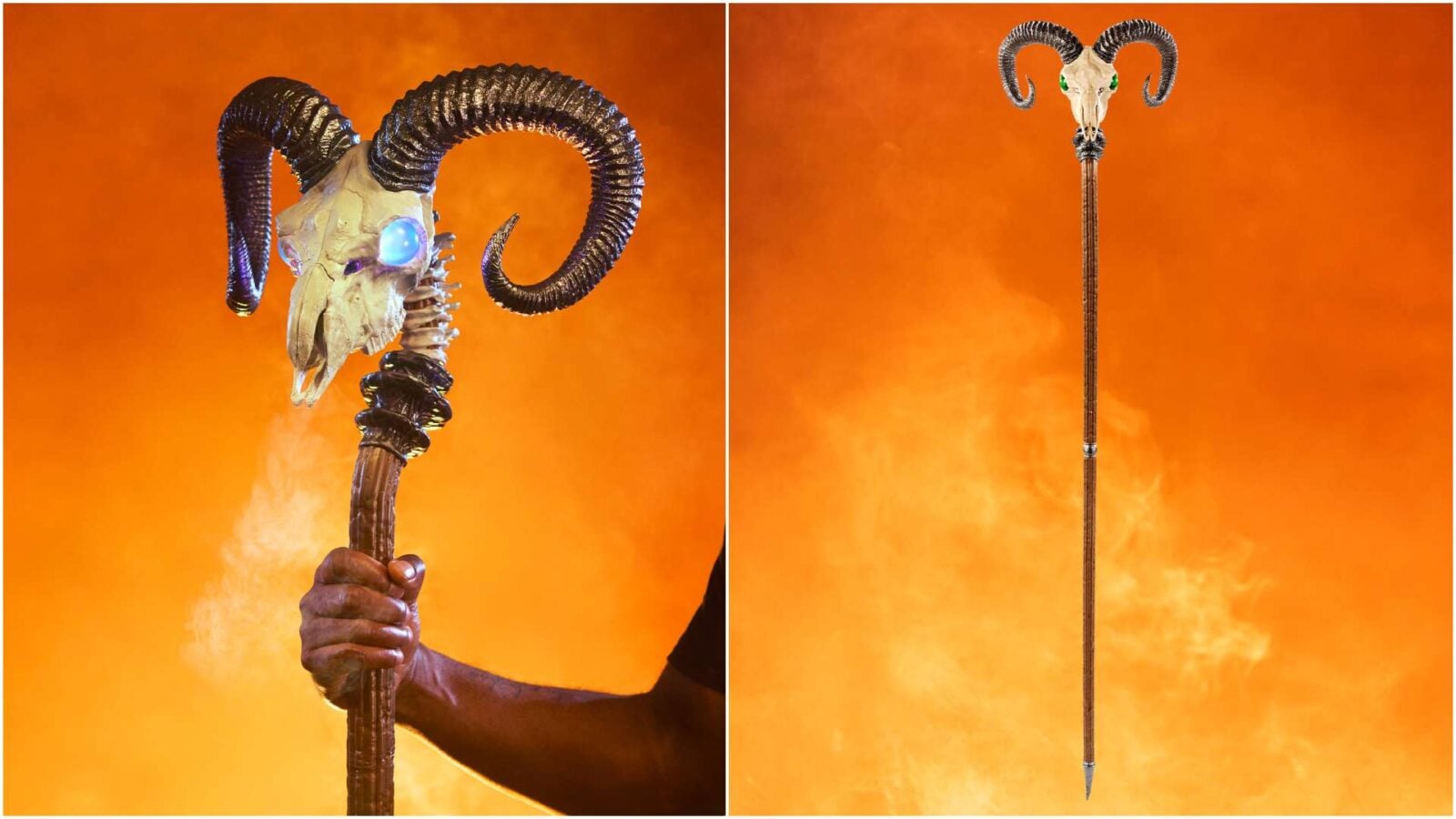 Mattel Releases LifeSize Masters of the Universe Havoc Staff With Lights and Smoke Fantasy Land News Two fantasy staffs with ram skull tops against an orange smoky background one held by a hand on the left another standing upright on the right