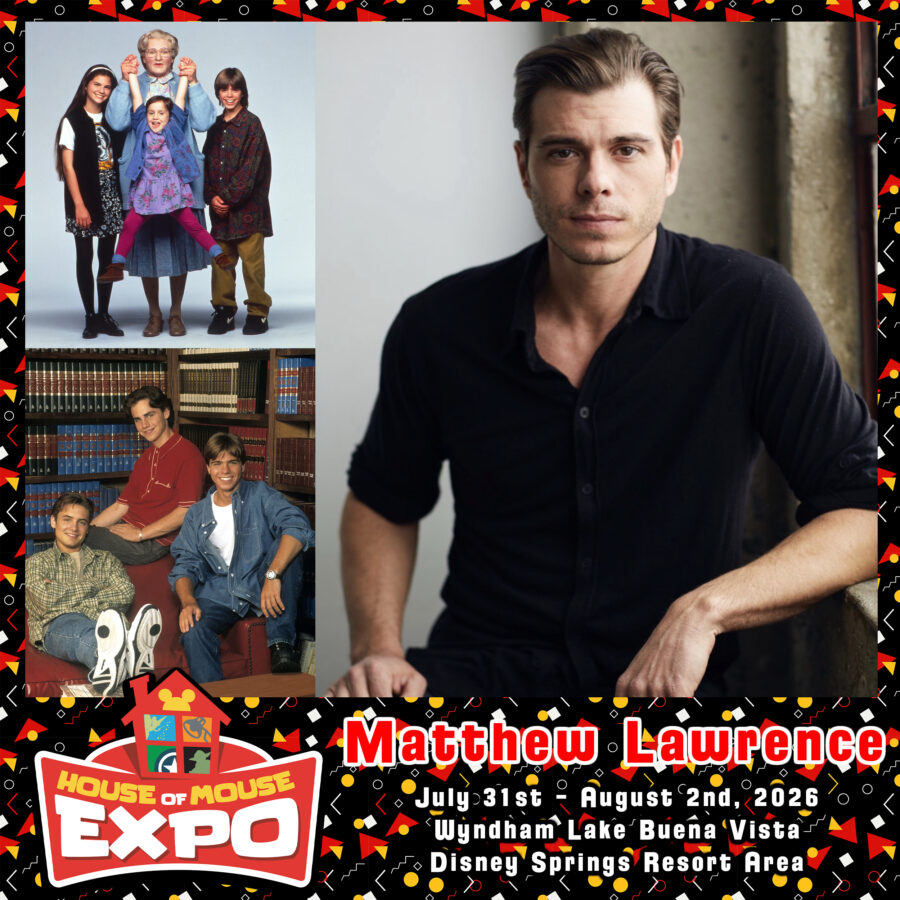 Promotional poster collage for House of Mouse Expo showing multiple photos a family scene a portrait of a man and a group in a library with event dates text