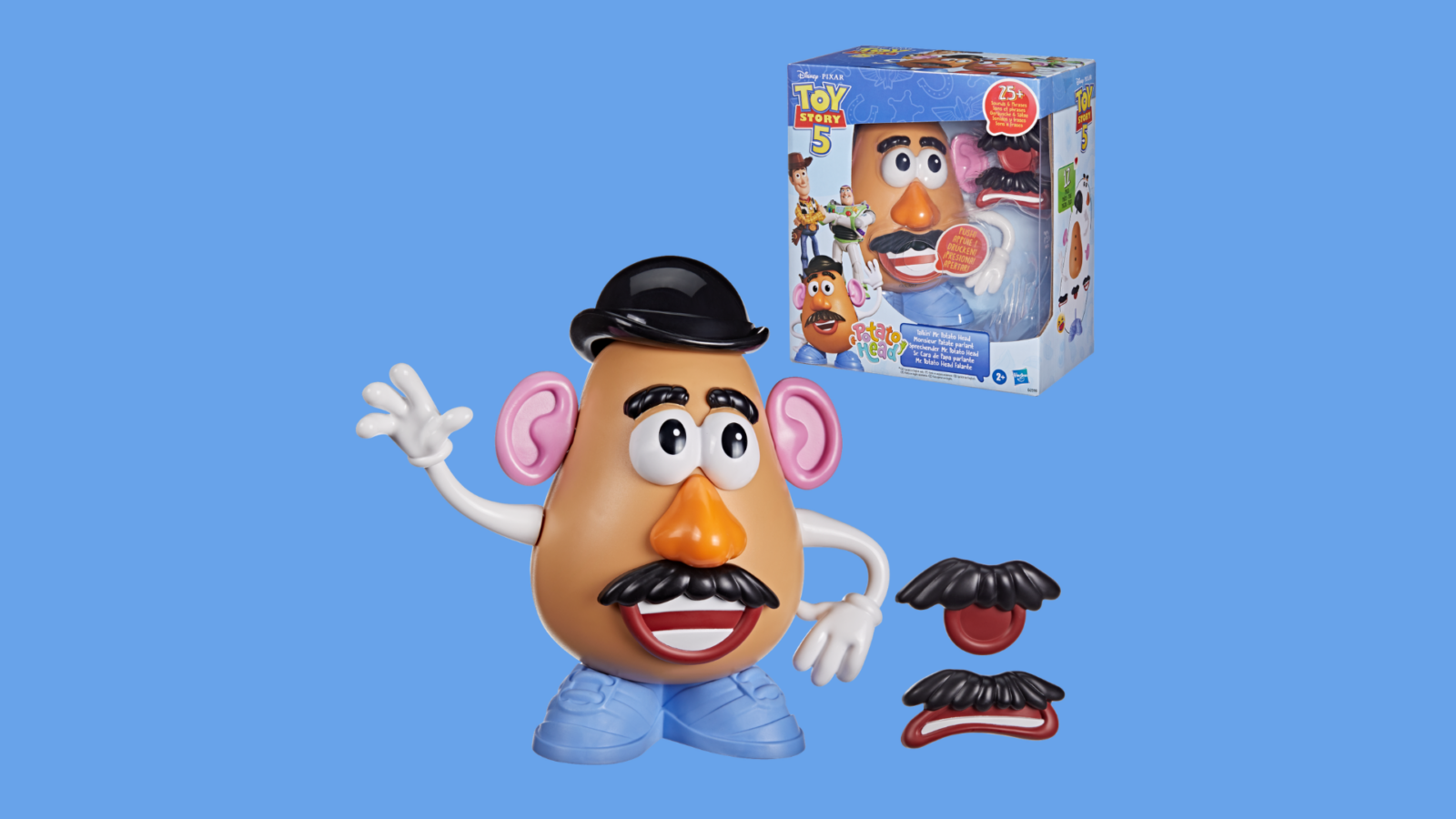 Mr Potato Head figure waving with hat and pink ears beside a Toy Story 5 box and extra parts on a blue background