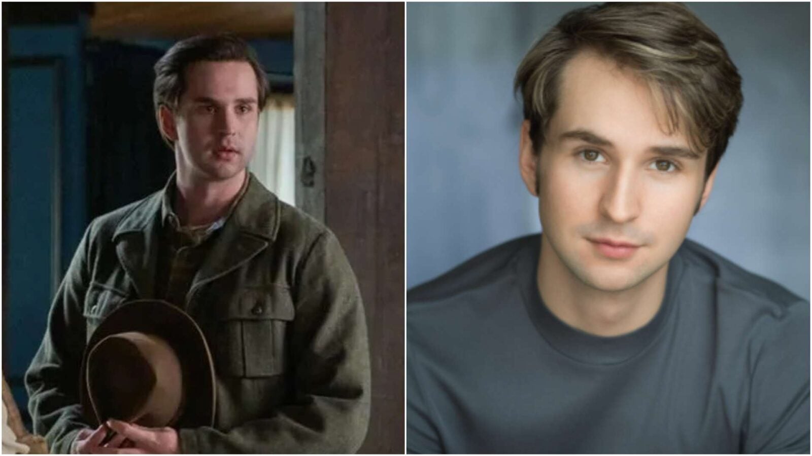 Two side by side photos left a man in an olive military jacket holding a hat indoors right a close up portrait of a man with brown hair in a gray shirt