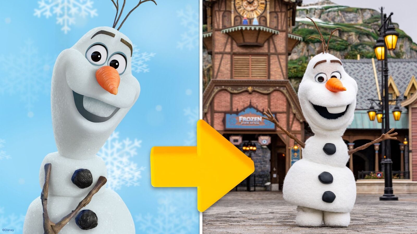 Split image of Olaf from Frozen left side shows Olaf against a blue snowy background right side shows Olaf in a theme park setting with a large yellow arrow between