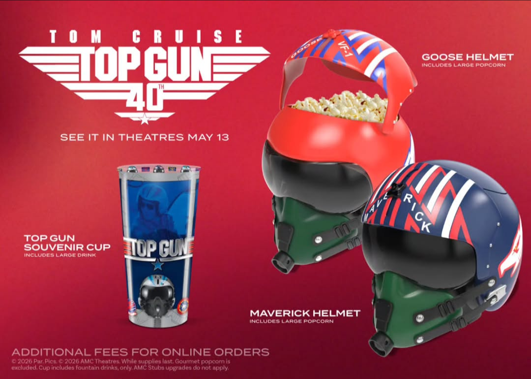 Promo image for Top Gun 40th anniversary featuring movie helmets popcorn and a large drink cup on a red background