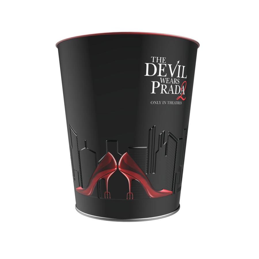 Black novelty cup featuring the white The Devil Wears Prada logo with a red devil tail set against a black background